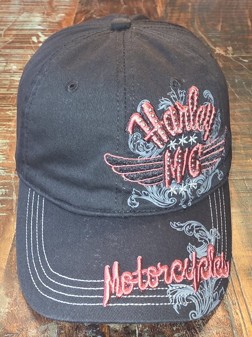 Harley-Davidson Women's Pink Black Rhinestone Hat One Size Adjustable